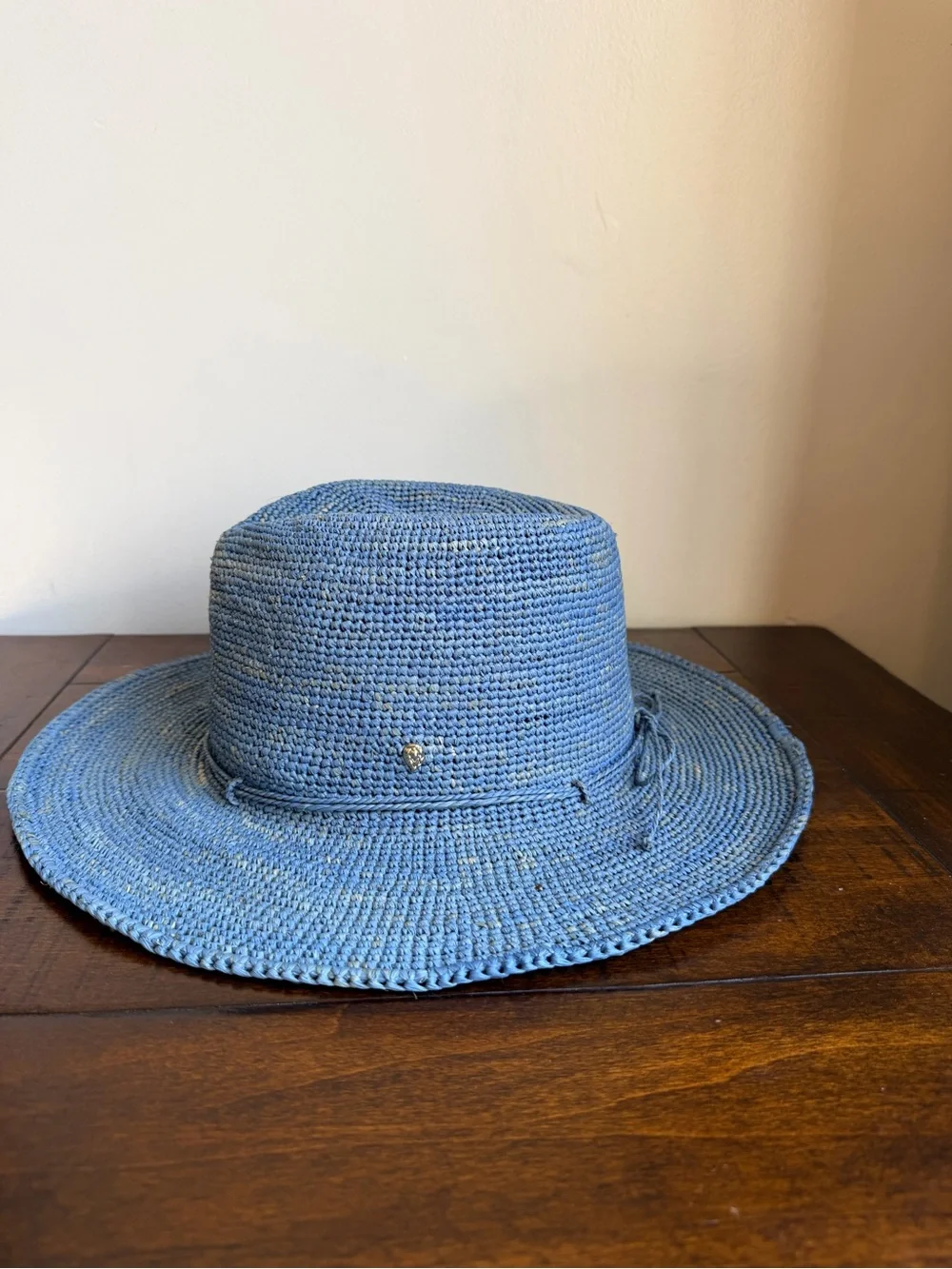 Helen Kaminski Stonewashed Blue 100% Raffia Crochet Fedora Sun Hat Wide Brim OS